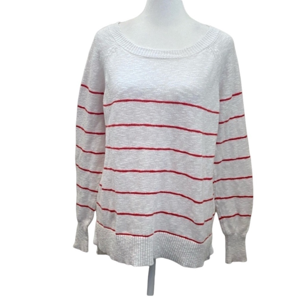 Dip White and Red Striped Women's Sweater. Round neck. Size L. 100% cotton.